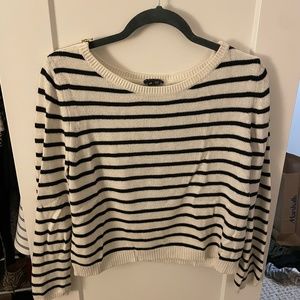 Theory Cashmere Black and White Striped Sweater with Zipper Shoulders